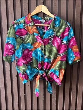Vintage 80's Bright Tropical Cropped Tie Front Top, Colorful Women’s Size Large
